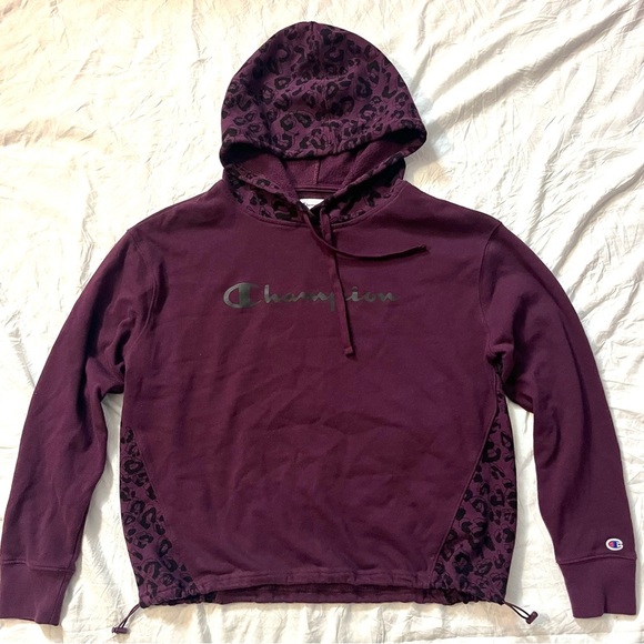Champion Maroon Hoodie Sweatshirt w Leopard Accents and Adjustable Waist Sz M - Picture 1 of 13